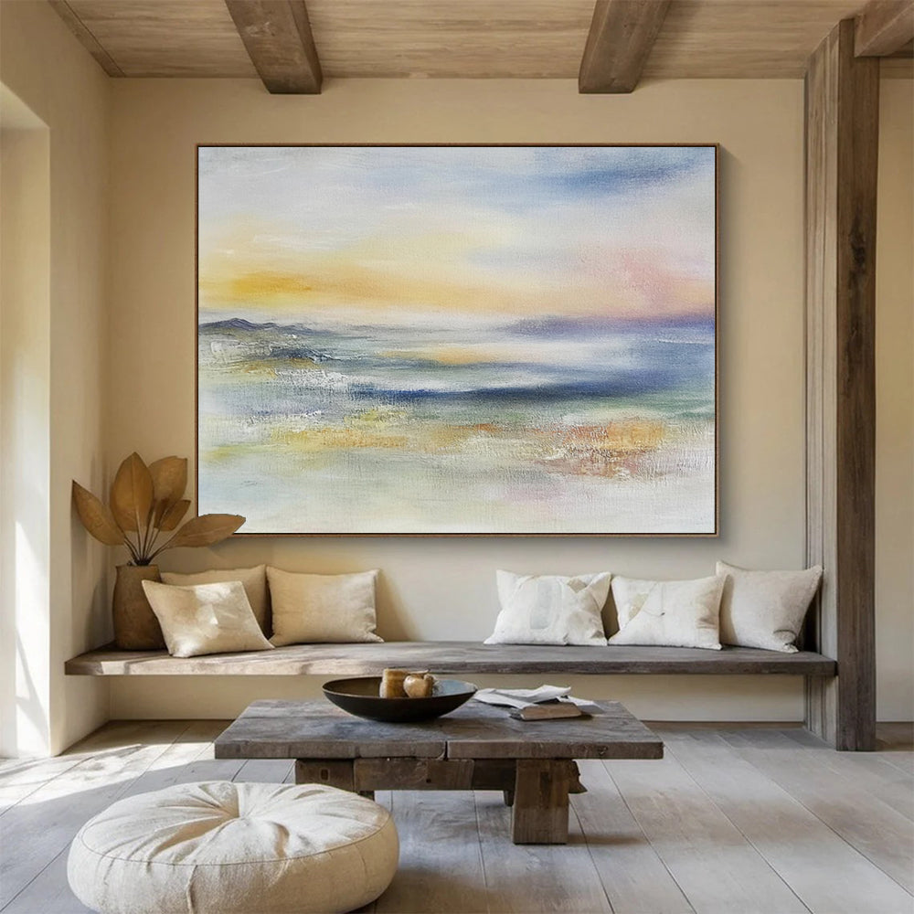 “Dreamy Horizon” - Yellow, Pink, Blue, Subtle Sky and Water Painting On Canvas HB0942