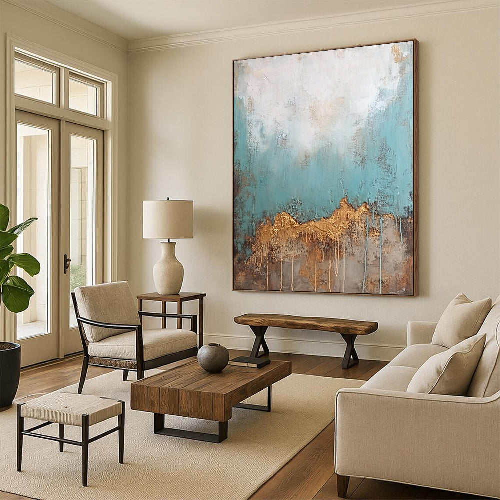 Contemporary hand-painted abstract art featuring an old textured wall with peeling teal and brown paint contrasted by a clean white top with golden drips. DLZ0905