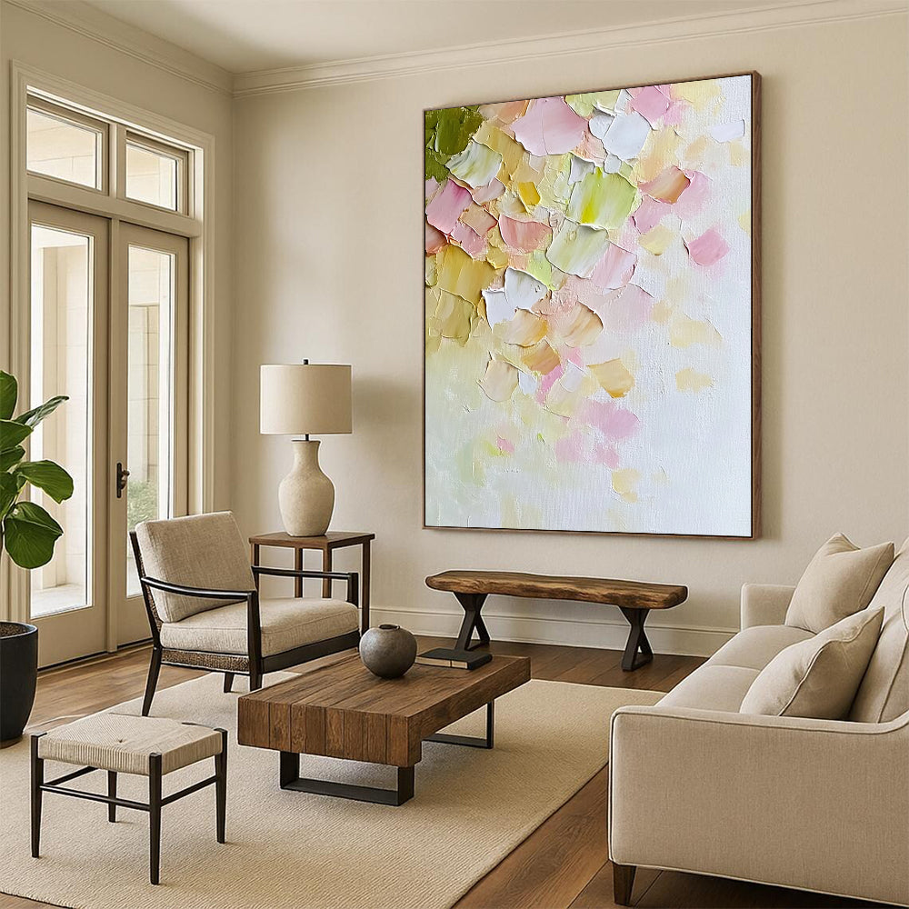 Contemporary hand-painted abstract art features soft pastel petals on textured canvas evoking warmth and serenity in a minimalist springtime style. DLZ1192
