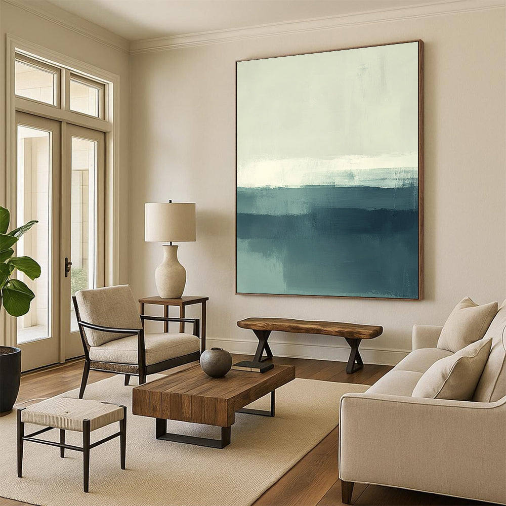Contemporary hand-painted abstract artwork of the sea featuring soft muted teal and green tones with white accents. Perfect for modern spaces. DLZ0431