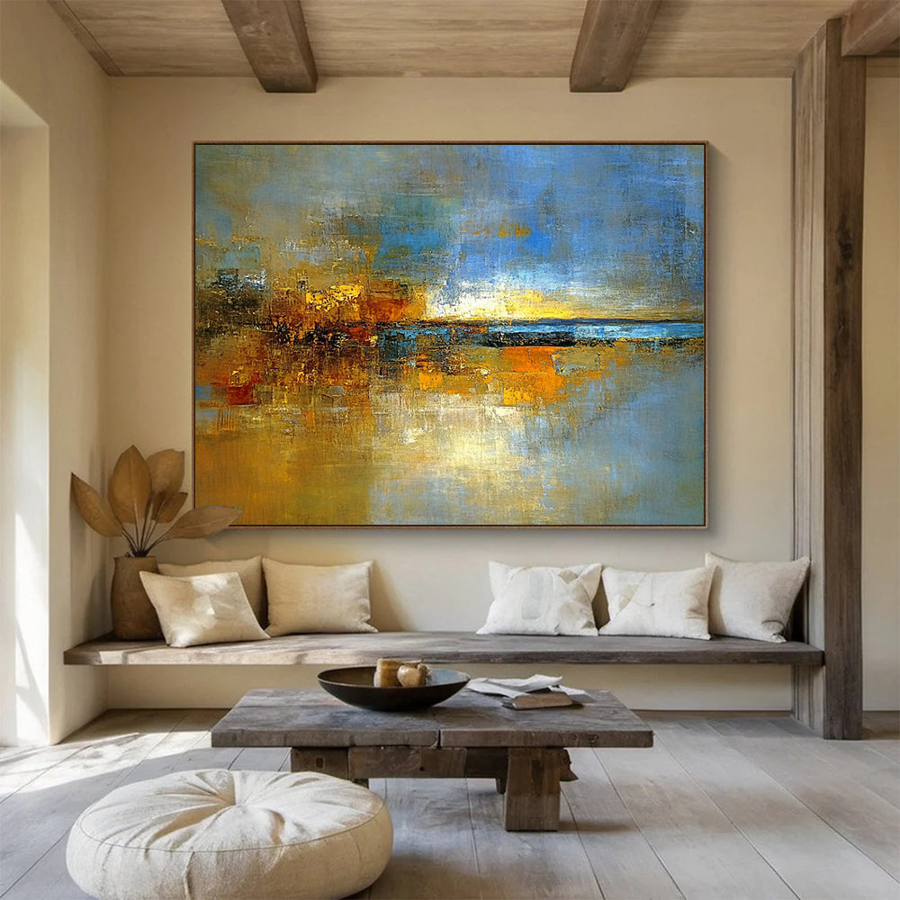 “Golden Abstract Dusk” - Rich Golds, Blues, and Browns, Layered Sunset - Inspired Abstract Painting On Canvas HB0909