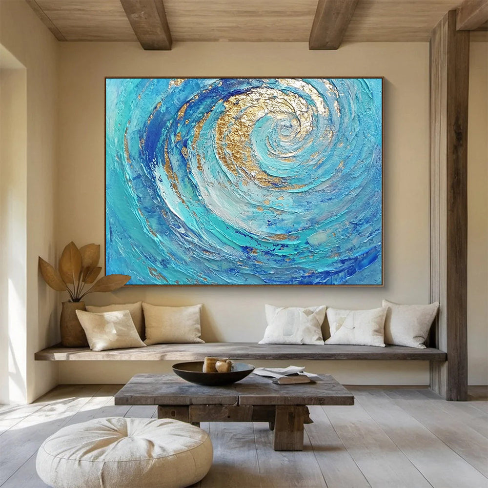 “Golden - Blue Spiral Flow” - Blue, Gold, Spiral Waves Painting On Canvas HB0726