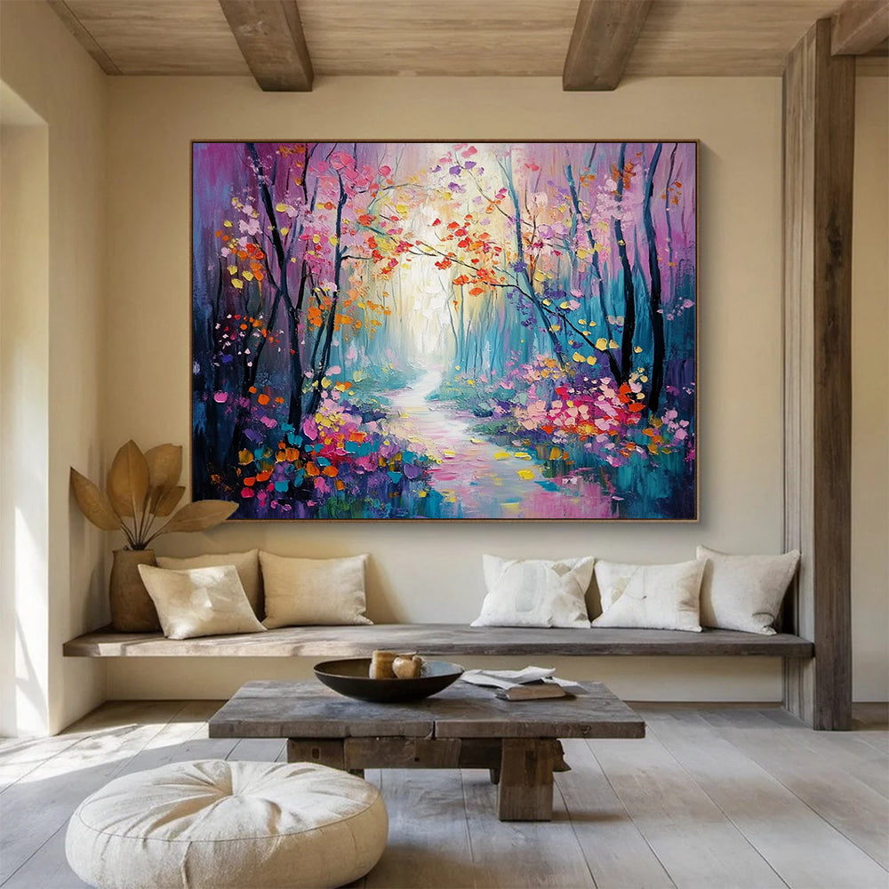 “Colorful Enchanted Forest Path” - Purple, Pink, Yellow, Blue, Flower - Lined Path - Whimsical Oil Painting HB1700