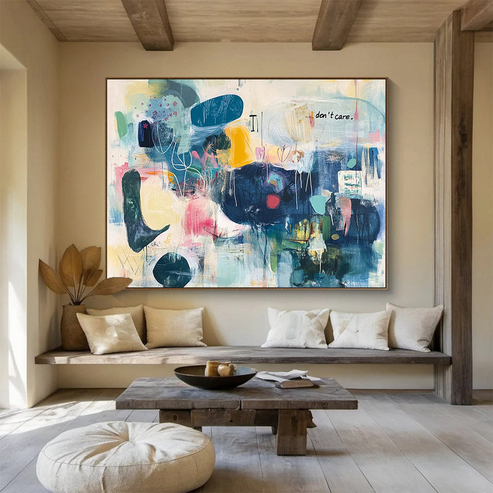 “Colorful Chaos with Text” - Multicolor, Abstract Forms, “don't care” Text - Contemporary Mixed - Media Acrylic Painting HB1550