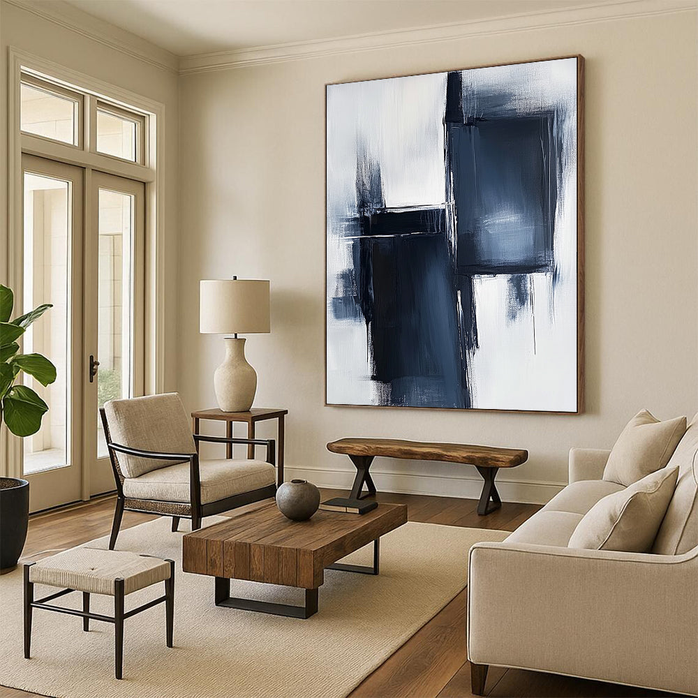 Large contemporary hand-painted abstract artwork featuring light navy and white tones with dark gray brush strokes and minimalist high contrast design. DLZ1649