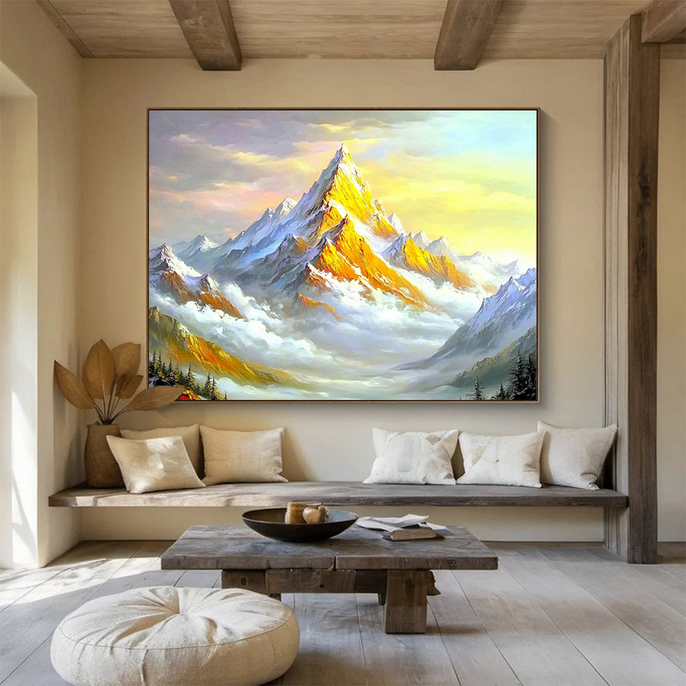 “Sunlit Golden Mountain” - Gold, White, Blue, Colorful Mountain Scene - Oil Painting HB1649