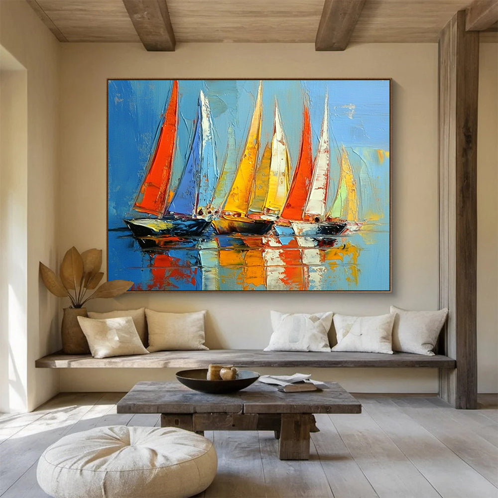 “Vibrant Regatta” - Red, blue, yellow; Colorful sailboats racing on bright water; Palette Knife Oil Painting On Canvas HB1167