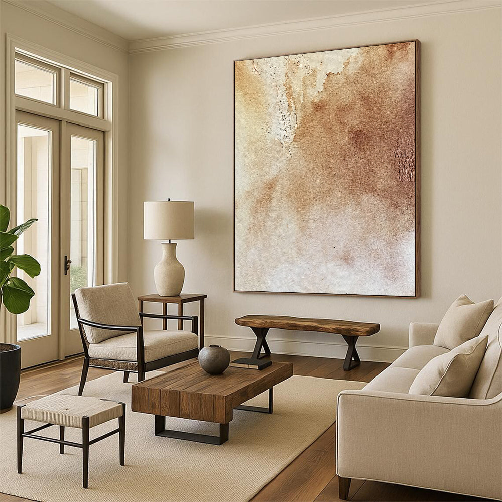 Contemporary hand-painted abstract artwork featuring soft beige textures atmospheric skies and intricate natural landscapes in light and dark shades. DLZ1723