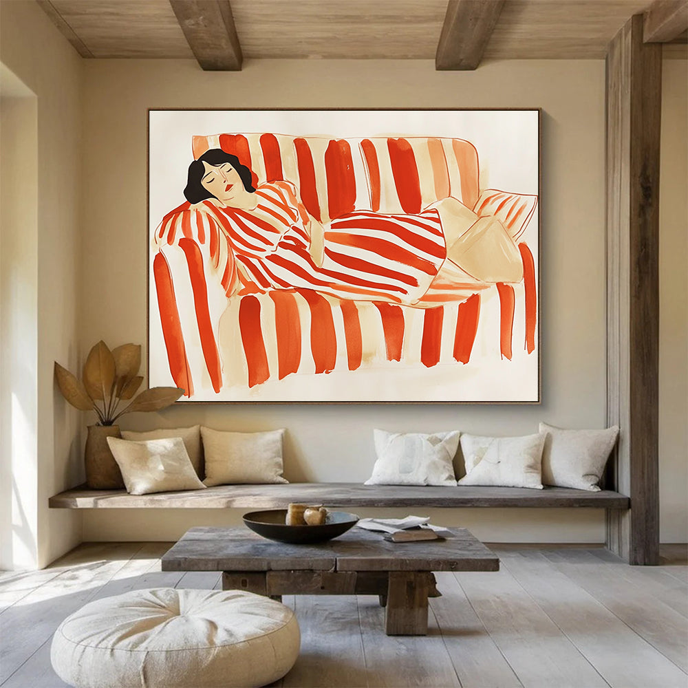 “Woman Resting on Striped Sofa” - Red, White, Figurative, Lifestyle Painting On Canvas HB0778