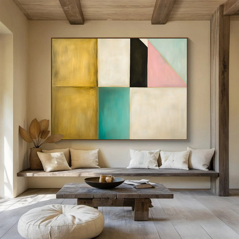 “Color - Blocked Harmony” - Gold, Teal, Pink, Geometric Blocks - Minimalist Acrylic Painting HB1528