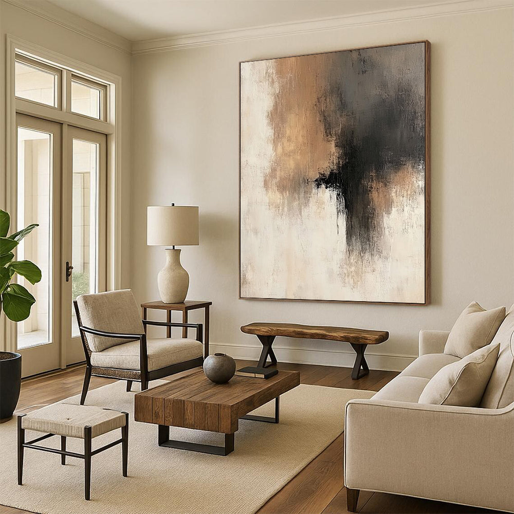 Large contemporary hand-painted abstract artwork featuring soft brush strokes in neutral tones of beige gray and brown accents with a serene neutral background. DLZ0440