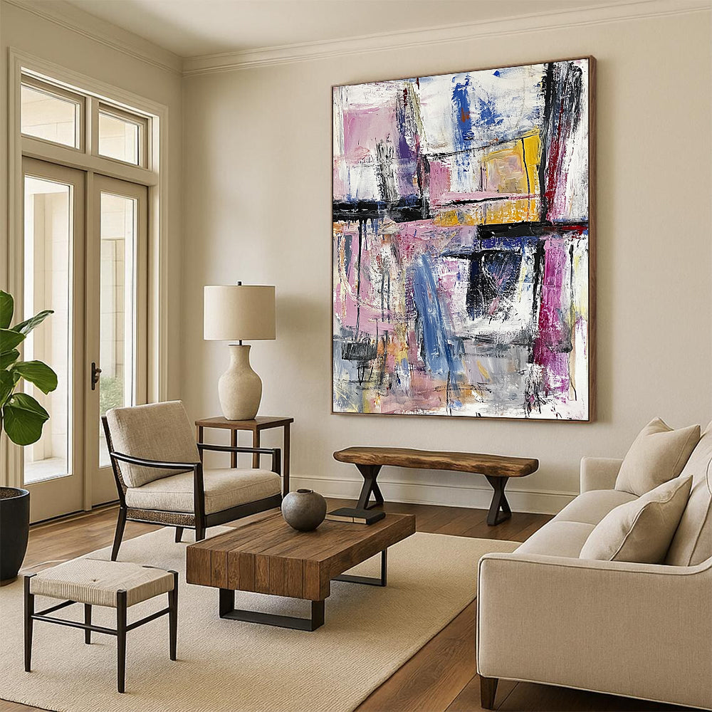 Contemporary hand-painted abstract artwork featuring an expressive urban landscape with bold brushstrokes and a pastel palette creating rich textures. DLZ0967