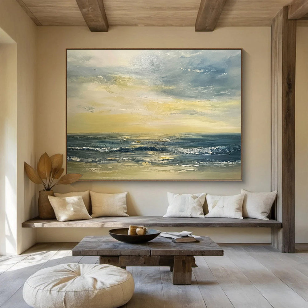 “Golden Ocean Sunset” - Yellows, Oranges, Blues, Ocean at Sunset - Palette Knife Oil Painting HB1598