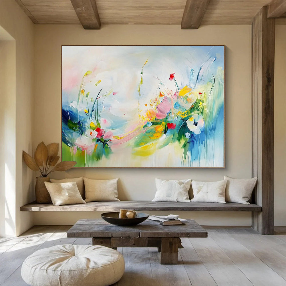 “Colorful Floral Breeze” - Pink, Yellow, Blue, Whimsical Flowers and Sky Painting On Canvas HB0937