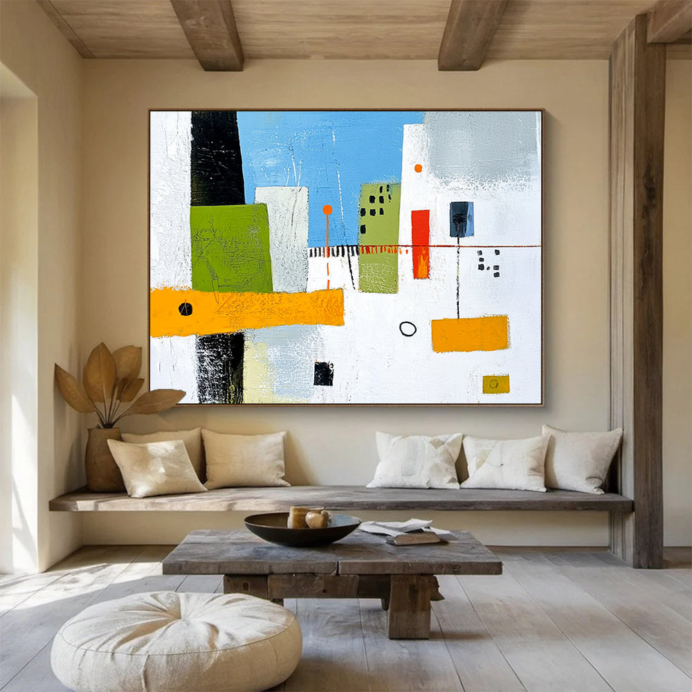 “Geometric City Blocks” - Greens, blues, oranges, whites; Abstract geometric city buildings; Minimalist Acrylic Painting On Canvas HB1179