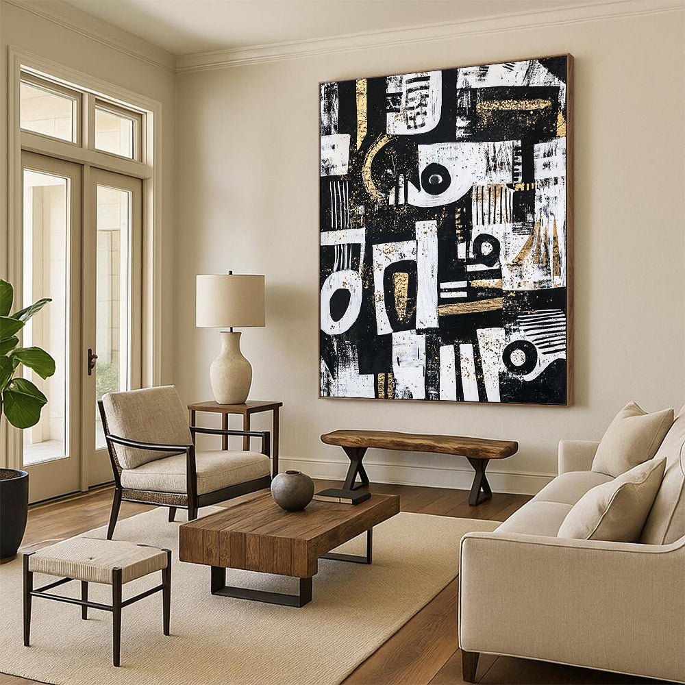 Black, White, Gold and Gray Abstract Symbols "Mystic Symbols" Painting On Canvas HB342