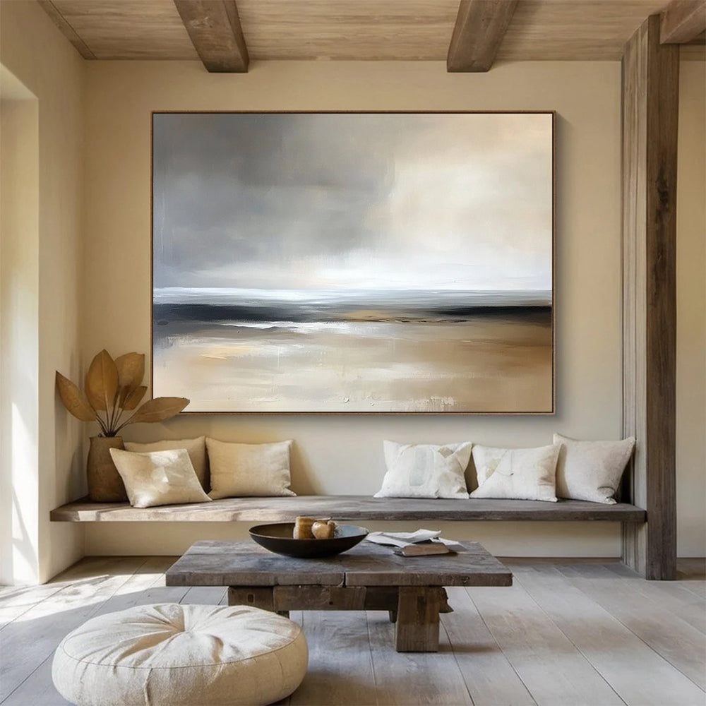 “Muted Coastal Calm” - Grays, beiges, whites; Abstract minimalist beach scene; Soft Acrylic Painting On Canvas HB1181