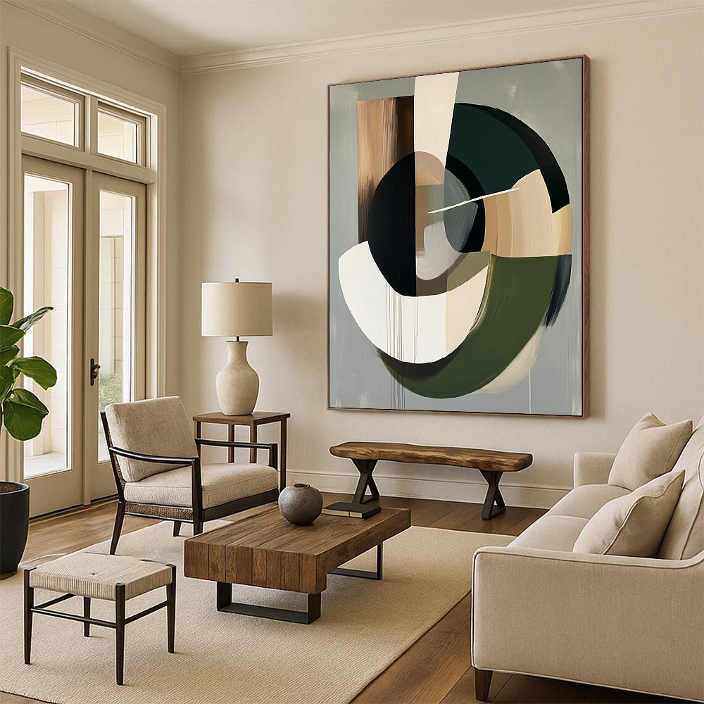 Contemporary abstract artwork features organic dark brown shapes with a grey background and soft neutral accents for a serene atmosphere. DLZ1051