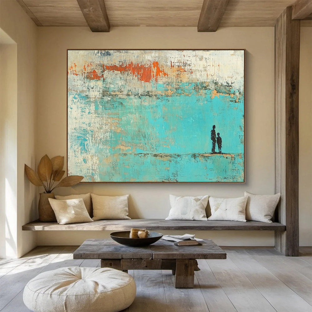 “Father - Child Silhouette in Turquoise - Orange” - Turquoise, Orange, Black with Silhouettes - Painting On Canvas HB1396