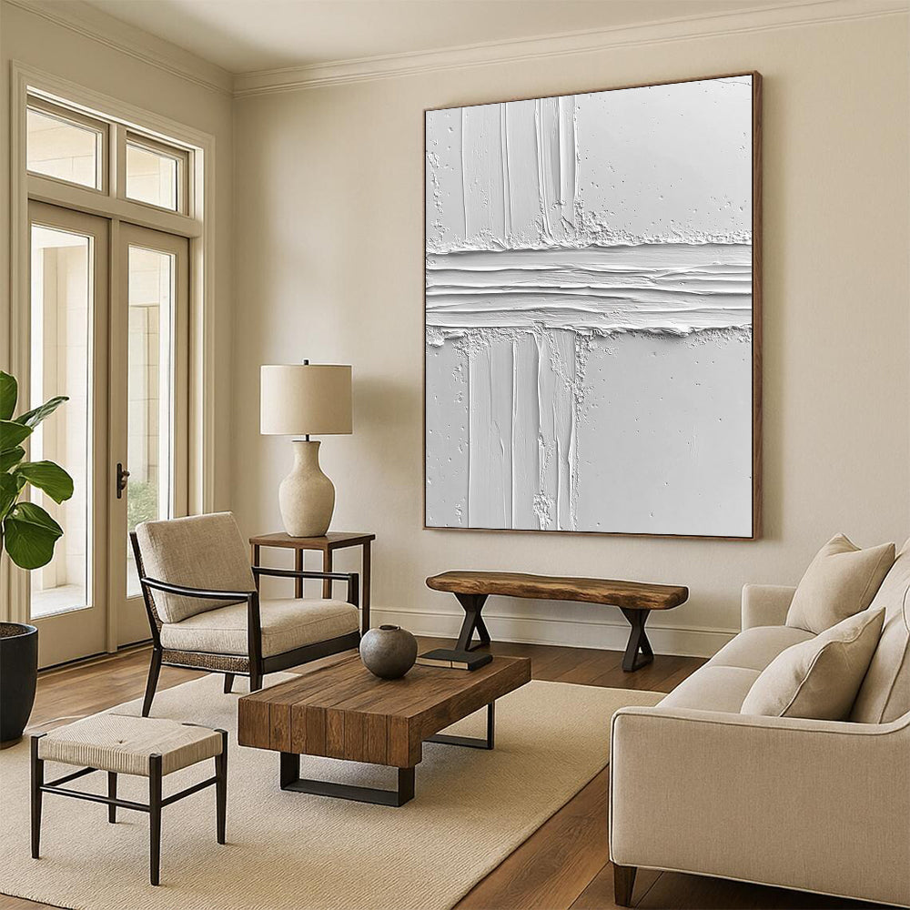 Contemporary abstract art featuring a textured white surface with an irregular line, evoking calmness and minimalism through its impasto technique and clean design. DLZ1261