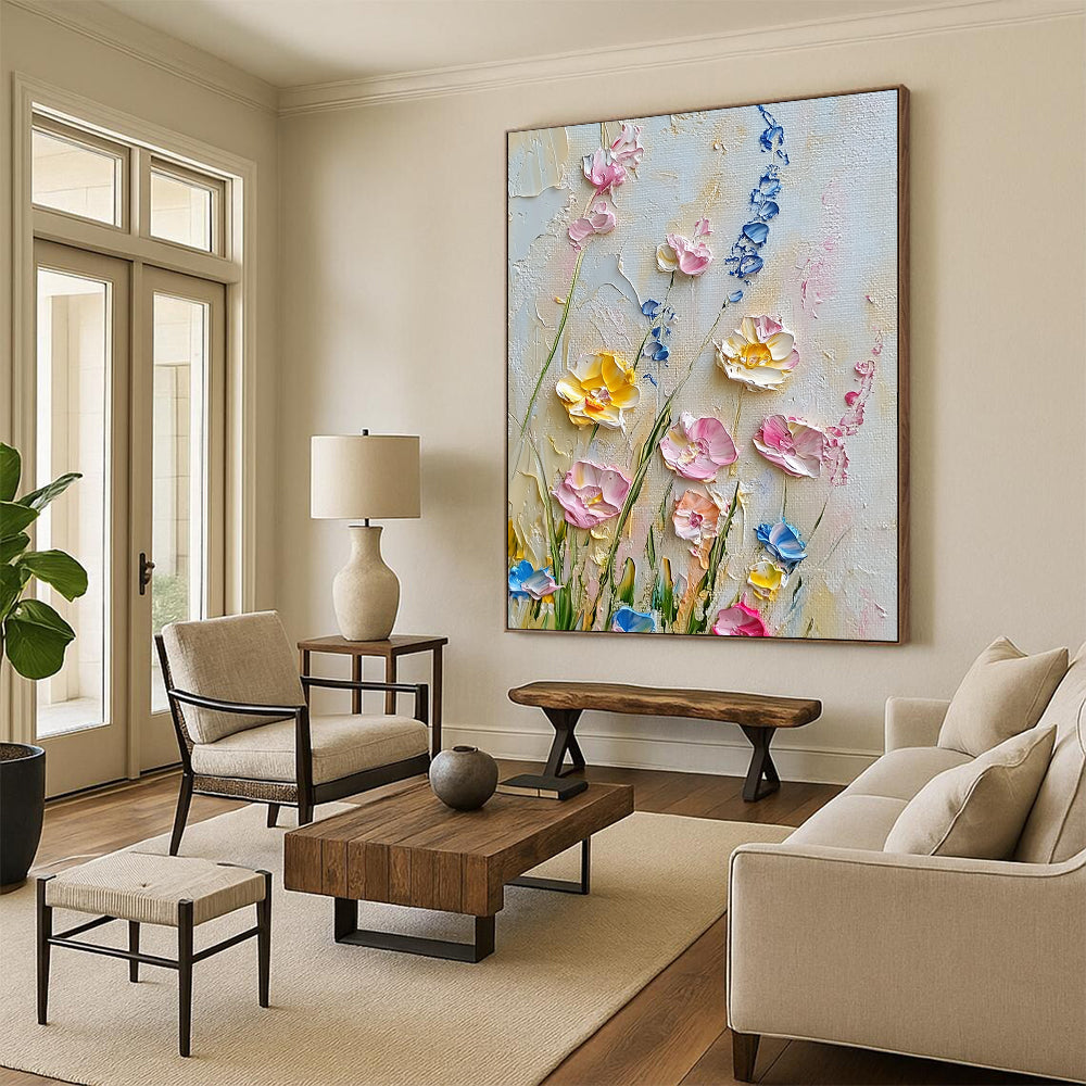 Contemporary hand-painted abstract artwork showcases delicate wildflowers in pastel pinks yellows and blues against a crisp white background. DLZ1246