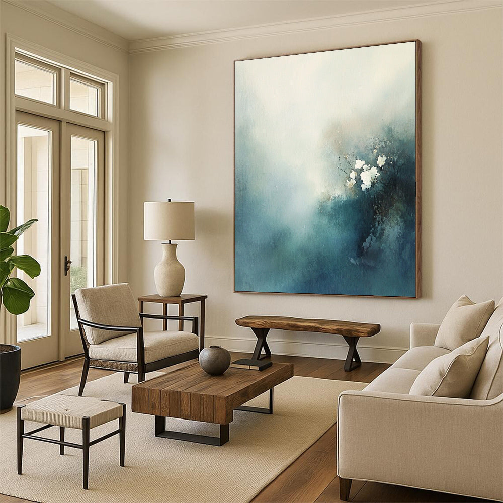 Contemporary hand-painted abstract art features misty clouds and delicate white flowers in blue-green tones, evoking mystery and tranquility with soft textures. DLZ0558