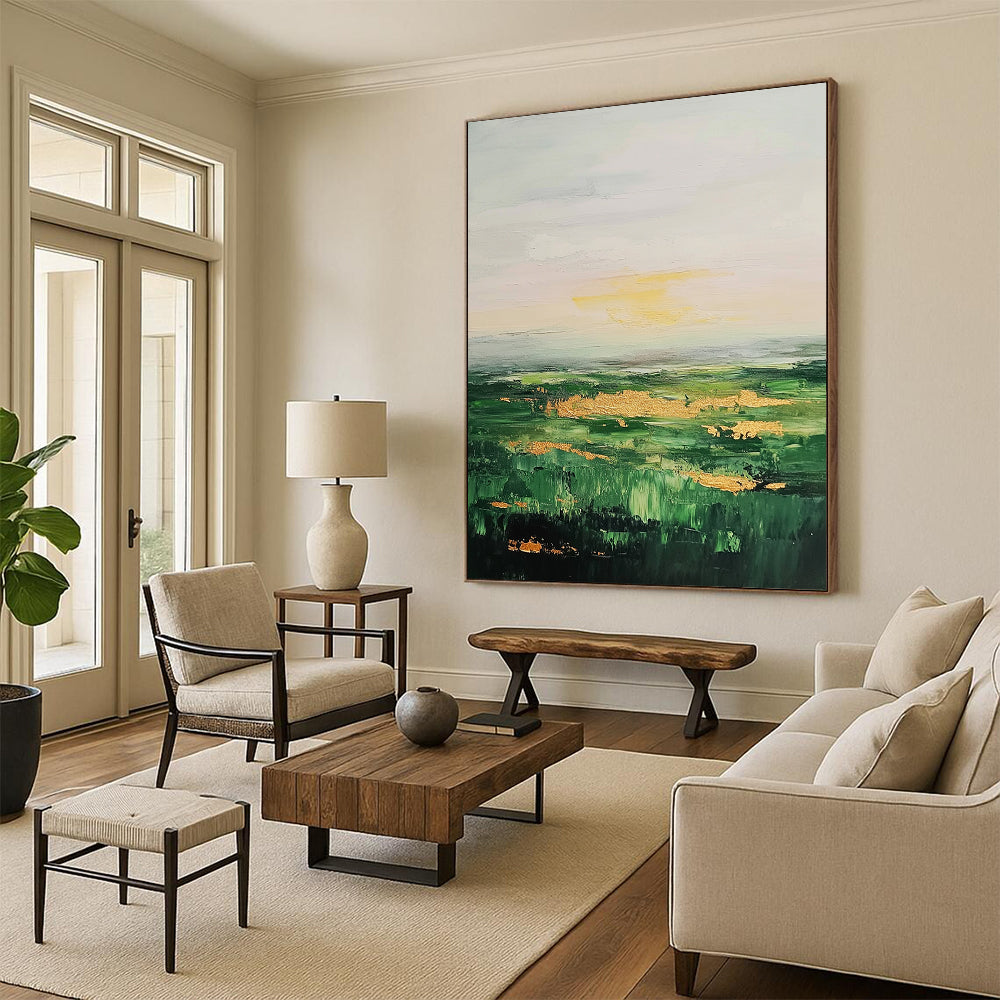 Contemporary abstract art featuring lush green fields and serene sky adorned with neutral tones and elegant gold accents. DLZ0891