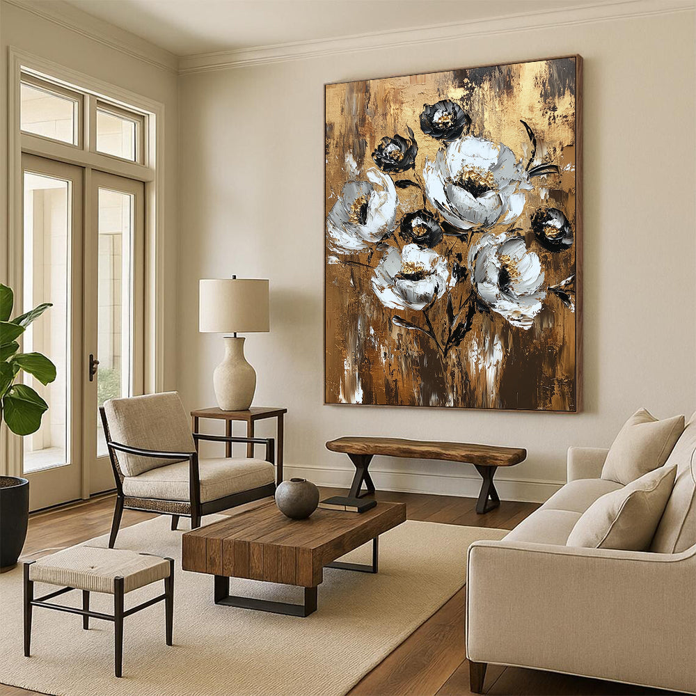 Contemporary hand-painted abstract art featuring a textured floral arrangement in white and gold on a brown canvas evokes vintage charm. DLZ1734