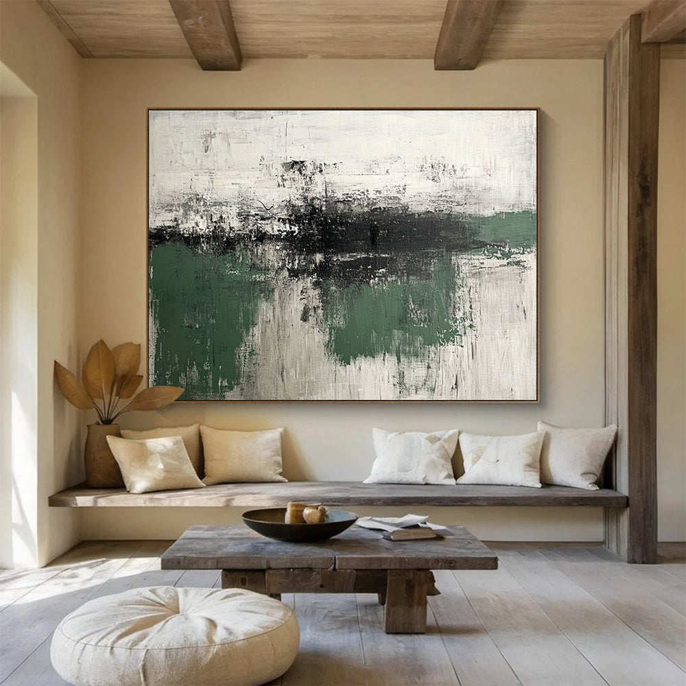 “Green - Gray Textures” - Green, Gray, White, Abstract Textured Landscape Painting On Canvas HB1065
