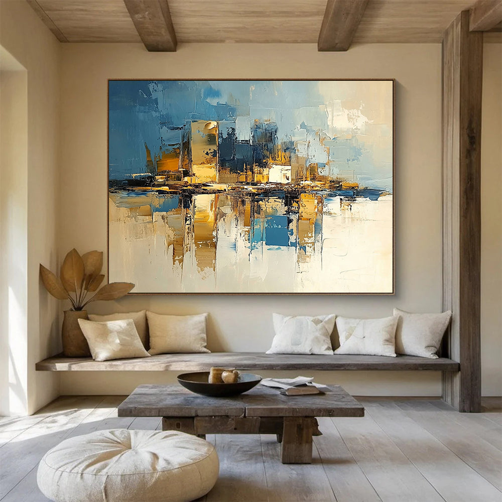 “Cityscape Reflections” - Deep blues, golds, whites; Abstract city skyline mirrored in water; Palette Knife Oil Painting On Canvas HB1177