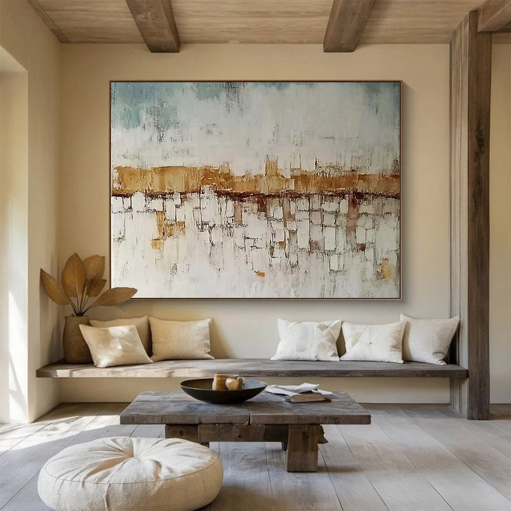 Blue, White and Brown Abstract Cityscape "Hazy Horizon" Painting On Canvas HB0417