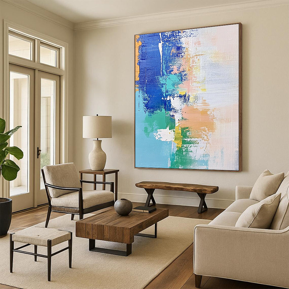 Contemporary hand-painted abstract artwork features soft pastel shades of blue and white with hints of green and beige, enhanced by dynamic brush strokes and mixed media. DLZ0657