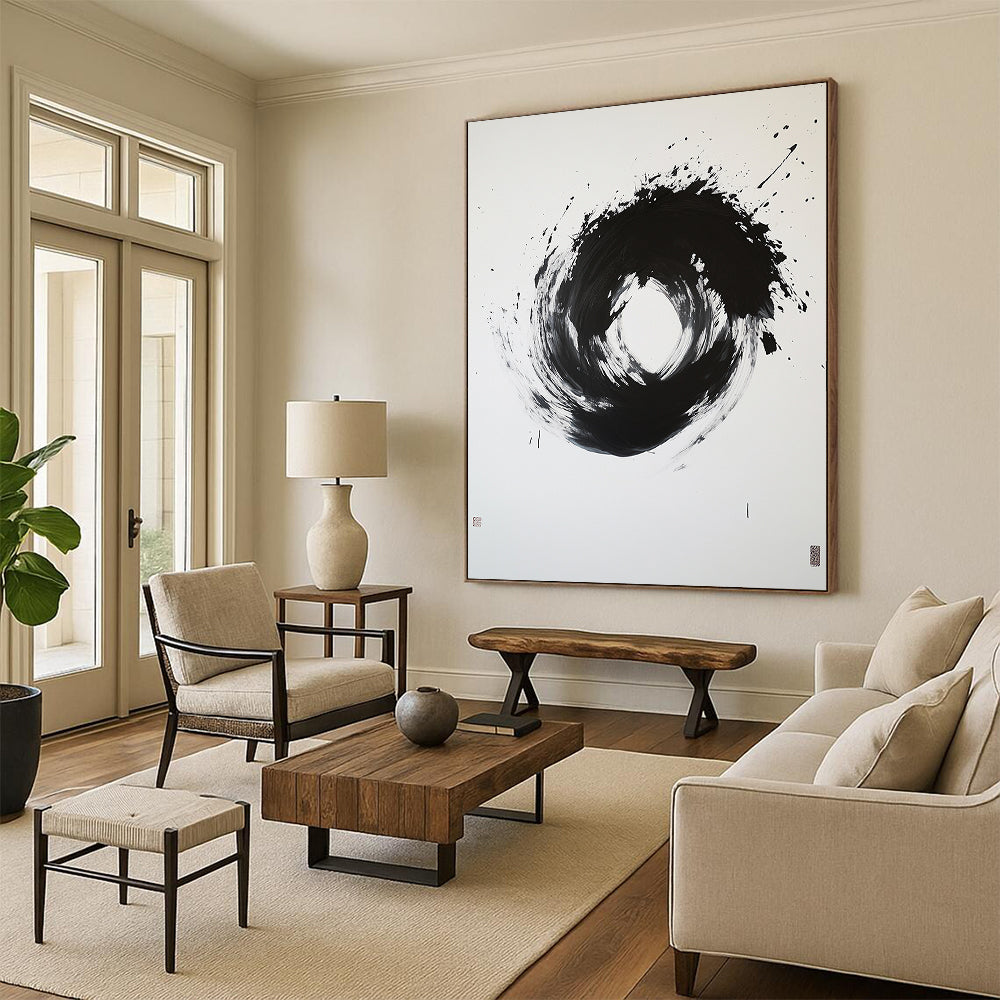 Black and White Splattered Circle "Energetic Enso" Painting On Canvas HB272