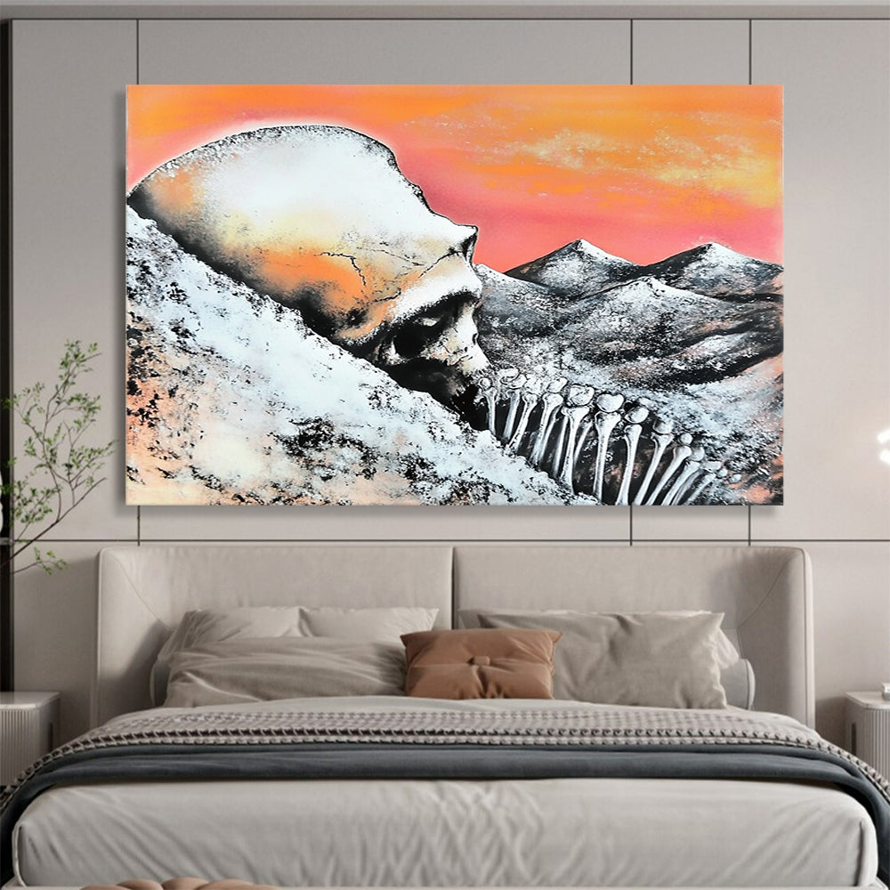 “Skull and Mountains” - Orange, Pink, Gray, Black, Surreal Landscape - Surrealist Acrylic Painting HB1553