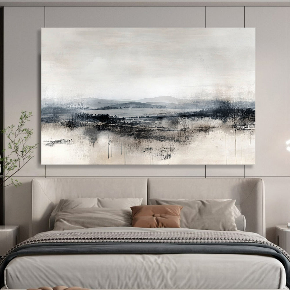 “Monochrome Misty Landscape” - Gray, Black, White, Abstract Landscape Painting On Canvas HB1109