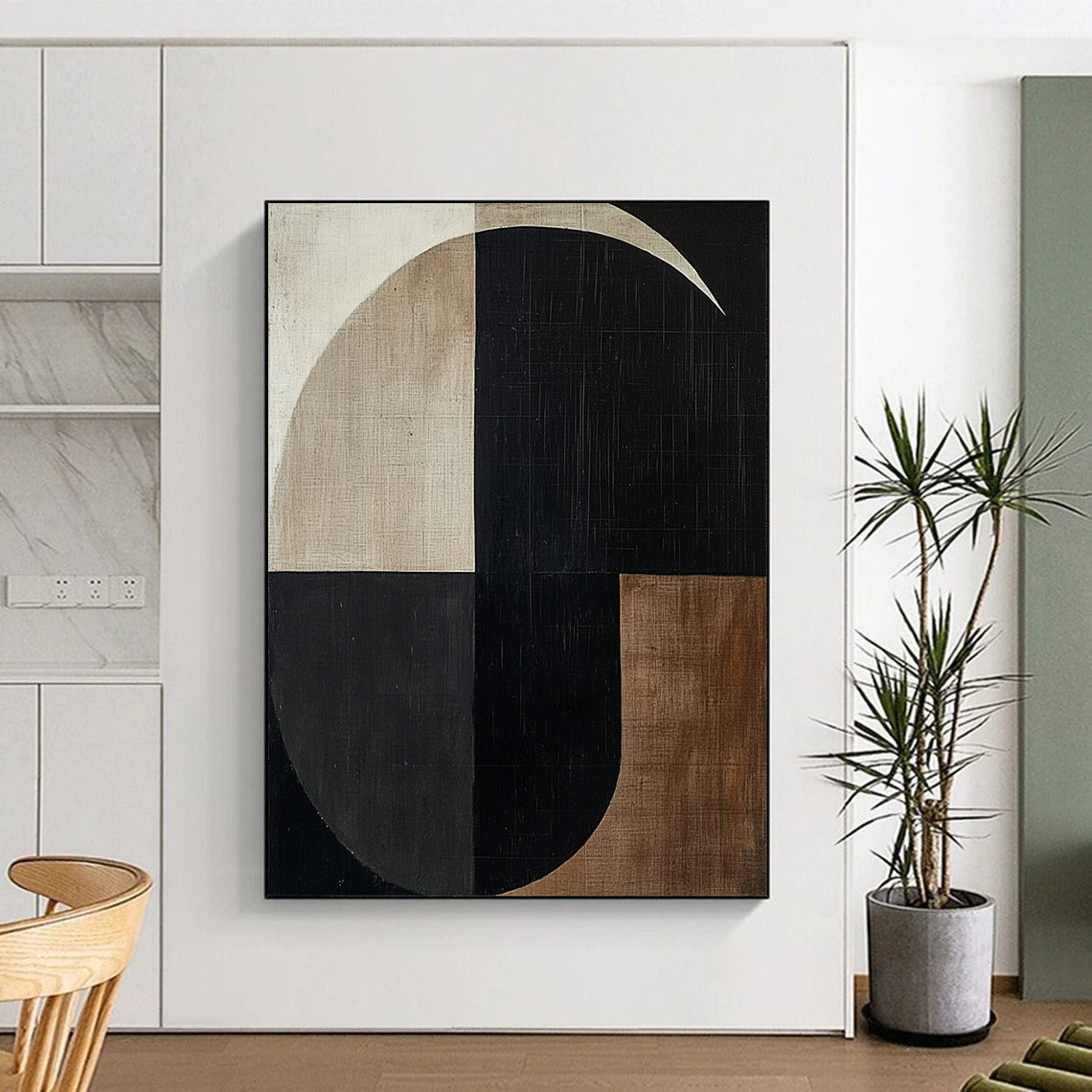 Contemporary hand-painted abstract artwork featuring minimalist black and white shapes with beige and brown tones creating a balanced geometric composition. DLZ1308