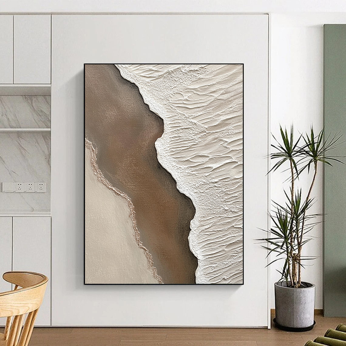 Contemporary abstract artwork highlighting textured sand and water at the beach with intricate details in brown and white creating a serene coastal atmosphere. DLZ1210