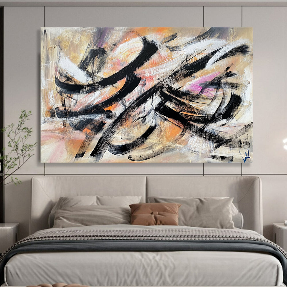 “Colorful Abstract Swirls” - Black, White, Orange, Pink, Purple, Fluid Brushstrokes - Acrylic Painting HB1628