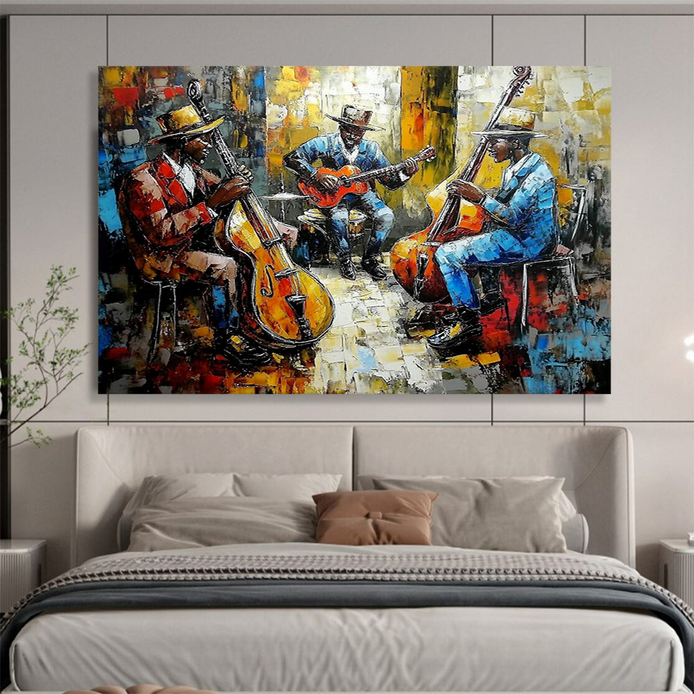 “Vibrant Jazz Band” - Colorful Palette, Jazz Musicians, Figurative Painting On Canvas HB0996