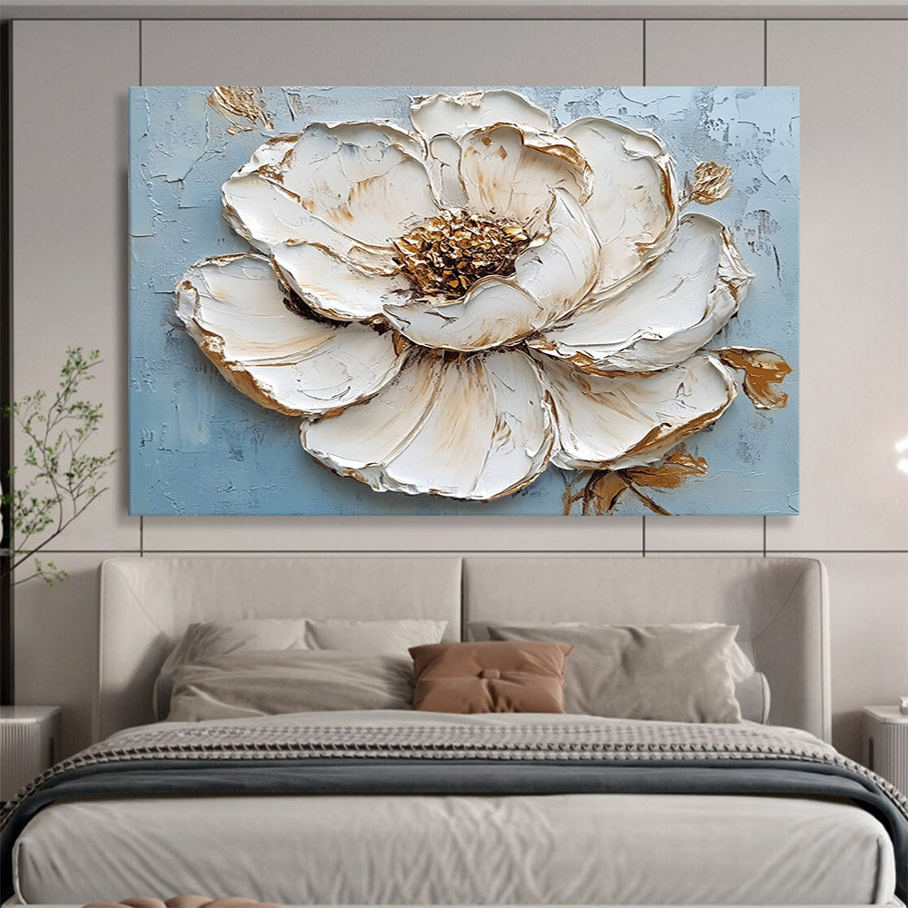 “Textured White Flower with Gold” - White petals, gold accents, blue background, 3D Floral Painting On Canvas HB0598