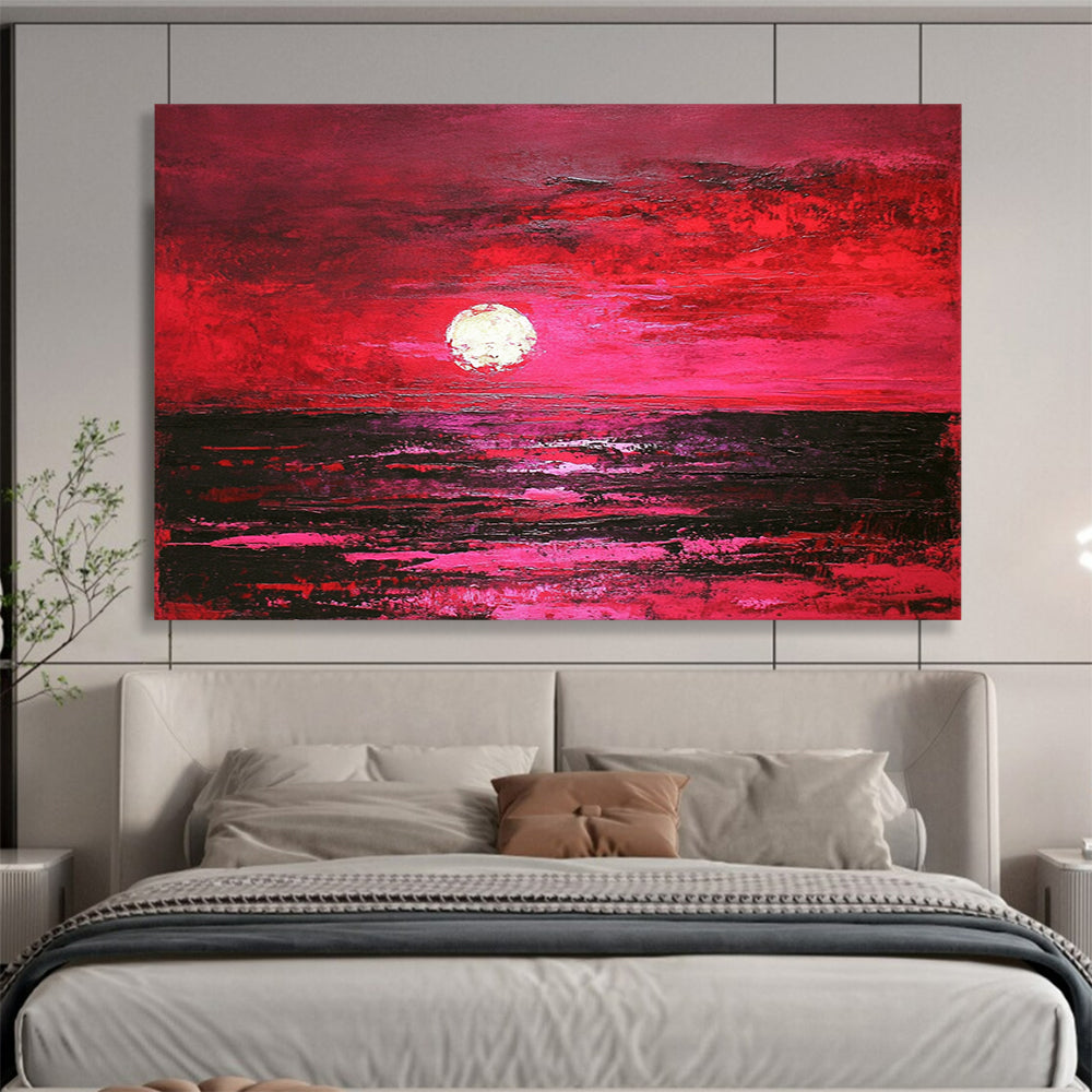 “Crimson Sunset Sea” - Deep Reds, Pinks, Purples, Ocean at Sunset - Textured Oil Painting HB1731