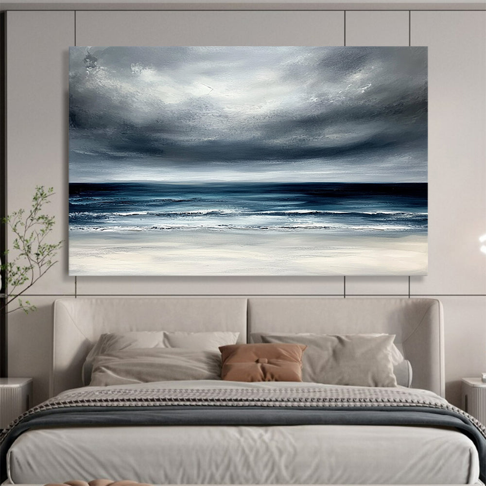 Gray, Blue, White and Beige Dramatic Seaside "Stormy Horizon" Painting On Canvas HB0675