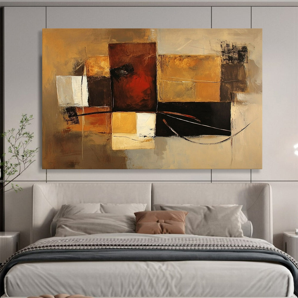 “Brown Geometric Abstract” - Brown, Gold, Black, White, Geometric Forms - Painting On Canvas HB1427