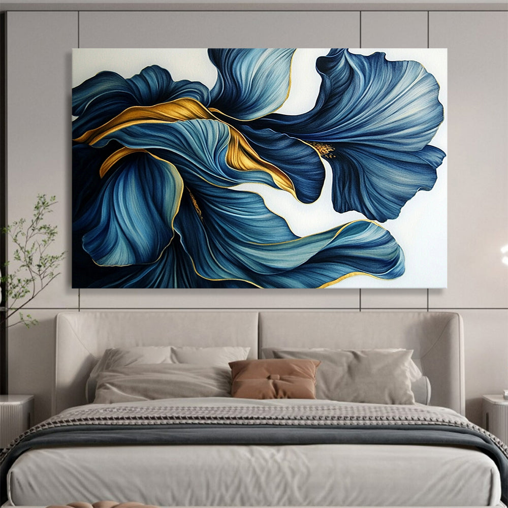 “Blue - Gold Petal Swirls” - Intricate blue petals with golden accents, Floral Realism Painting On Canvas HB0536