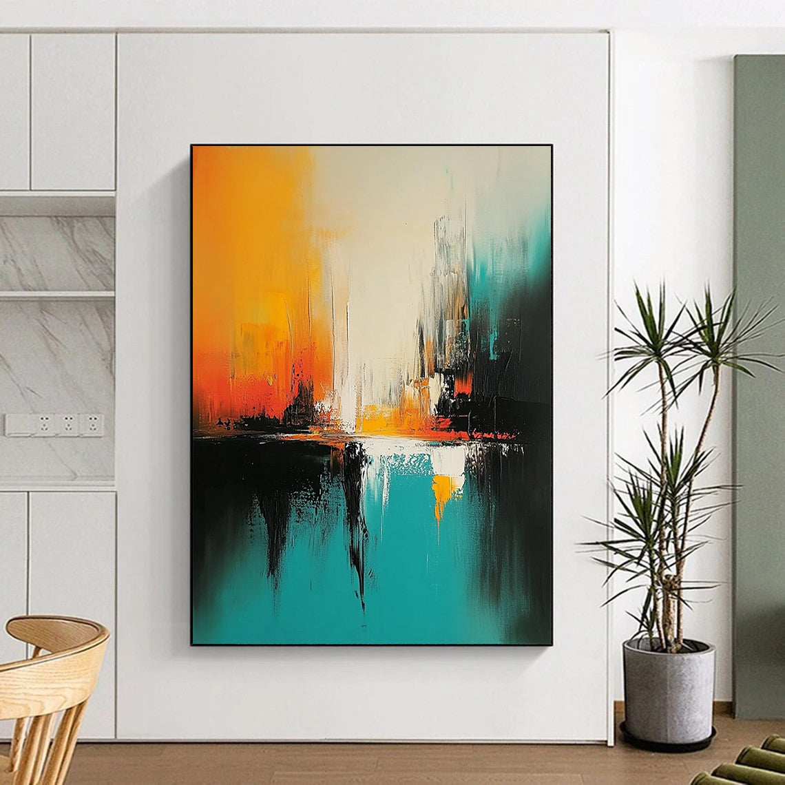 Impressionistic abstract painting featuring turquoise and black brush strokes with white space and vibrant orange and yellow hues creating a nature-inspired immersive experience. DLZ0541