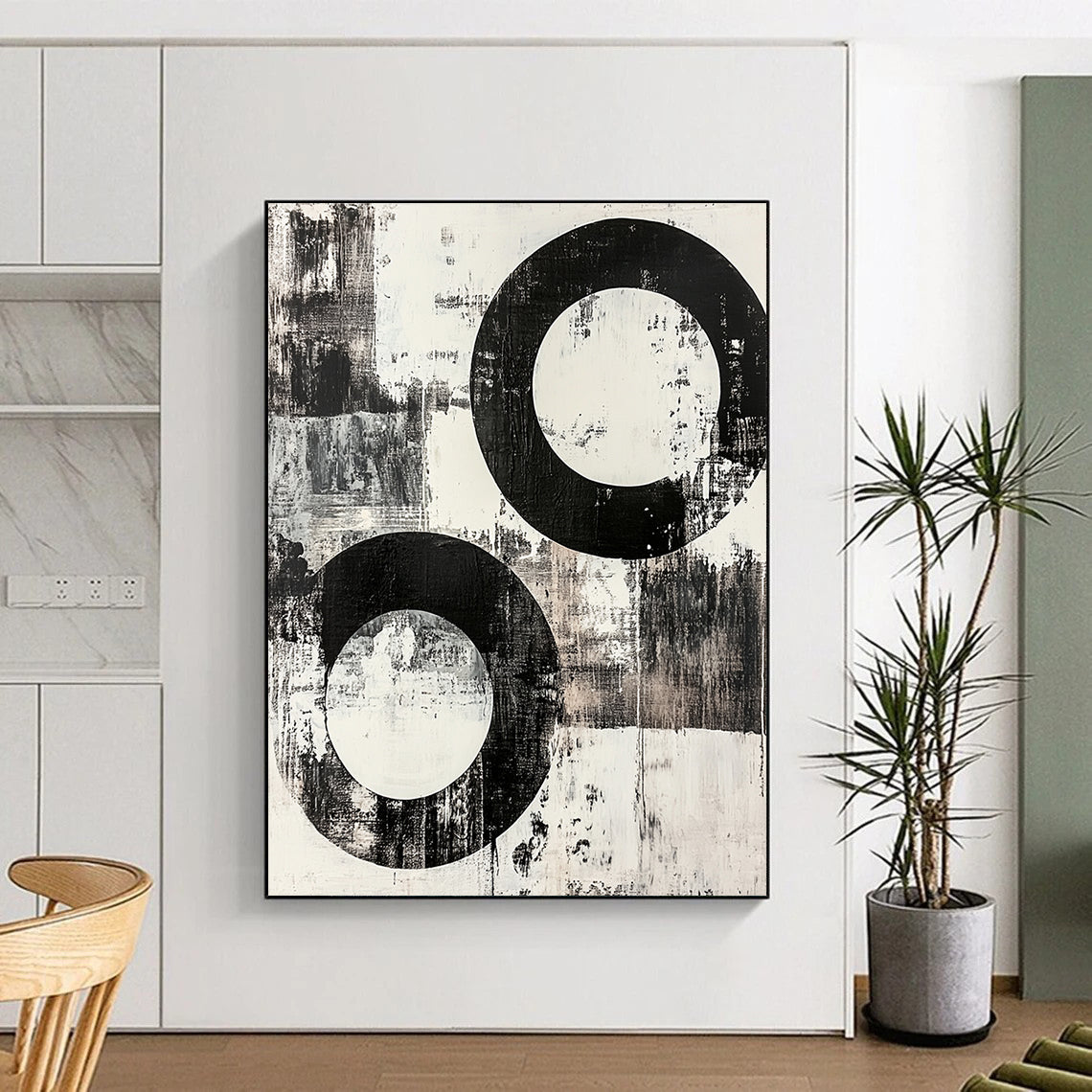 Black and White Textured Circles "Rough Harmony" Painting On Canvas HB258