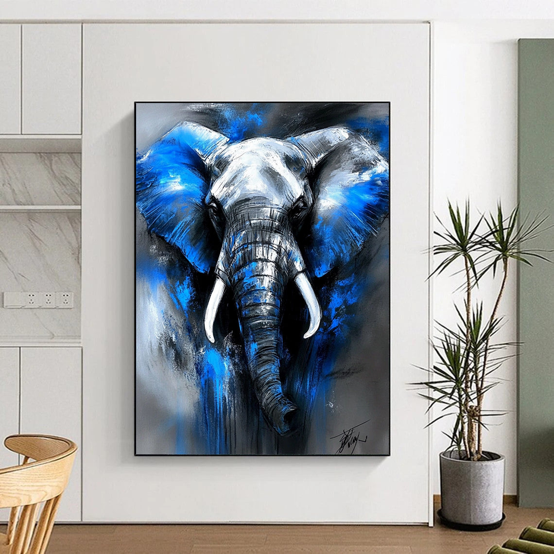 Contemporary abstract artwork featuring an elephant in blue and gray tones with expressive brushstrokes and dramatic lighting, capturing a powerful presence. DLZ1087