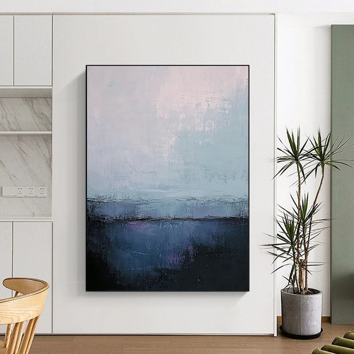 Contemporary abstract art featuring muted gray and blue tones with soft edges and textured contrasts in a large canvas format. DLZ0402