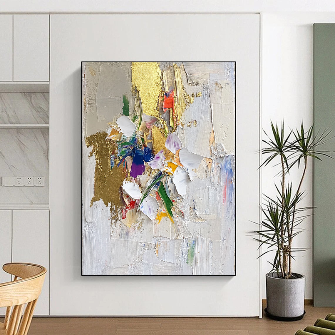 Contemporary abstract art featuring textured brushstrokes gold leaf accents floral motifs on a white backdrop with a collage-style composition. DLZ0635