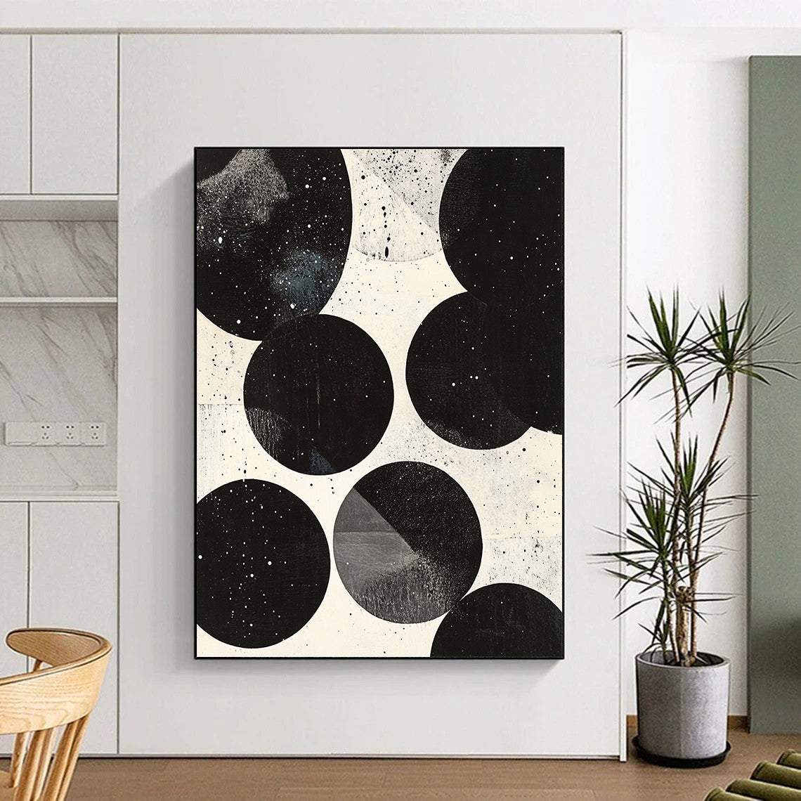 Black, White, Spotted Circles "Cosmic Sphere Dots" Abstract Minimalist Painting On Canvas HB179